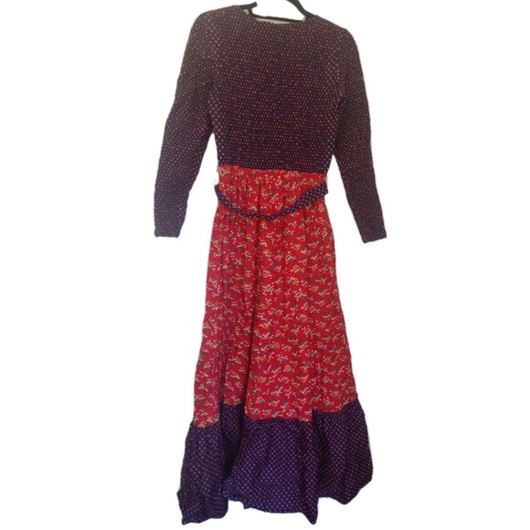 Vintage 70s Denise Are There Prairie Floral Maxi Dress Blue & Red Ruffled  M / L - Picture 6 of 16